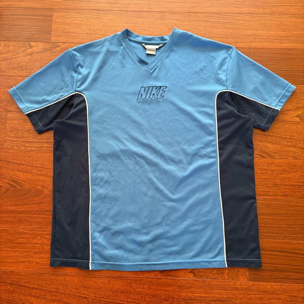 VNTG Nike Mens XXL V-Neck Athletic Shirt Blue Navy White Piping Embroidered Logo